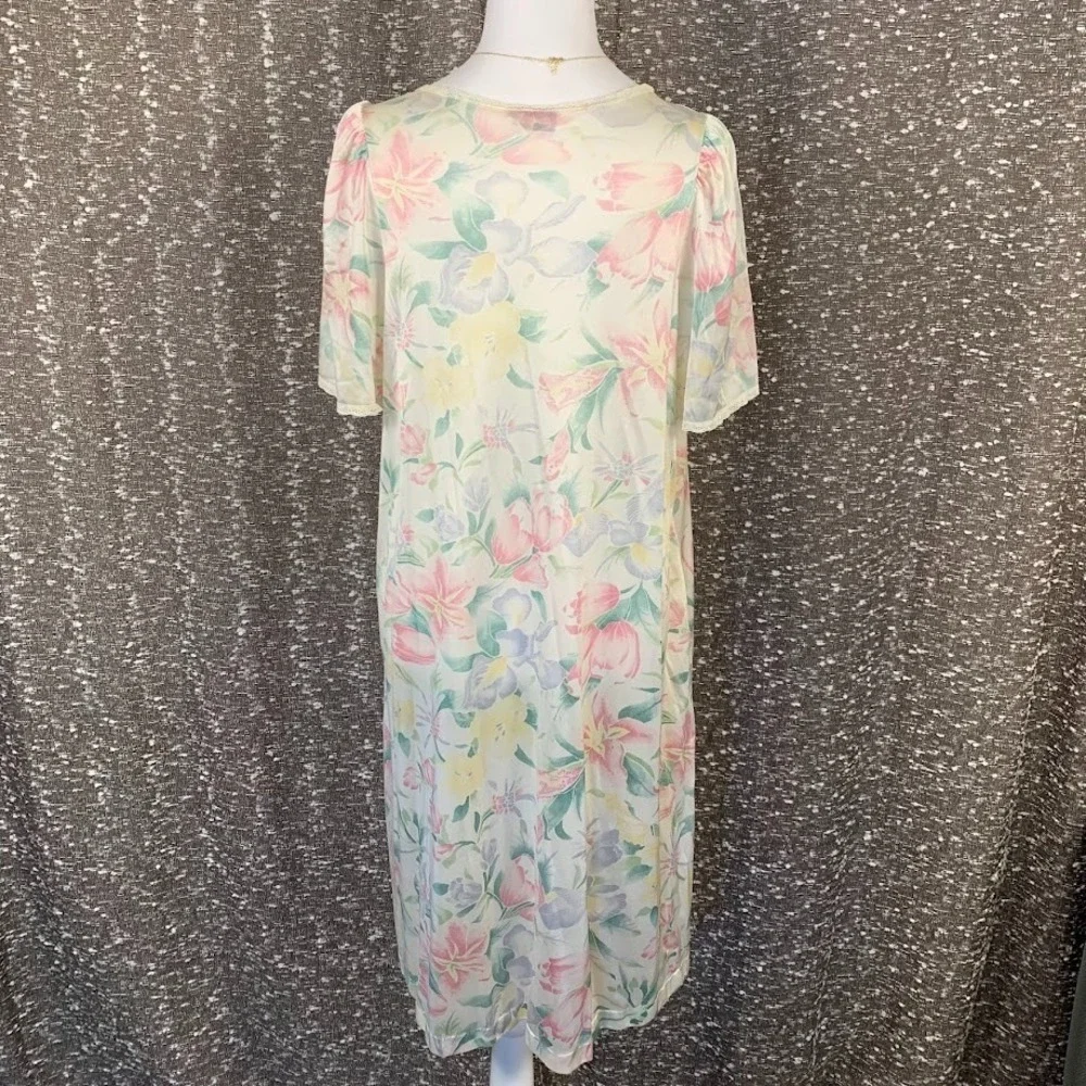 Vintage Vanity Fair Floral Satin Nightgown‎ Dress Button Up Women's Medium